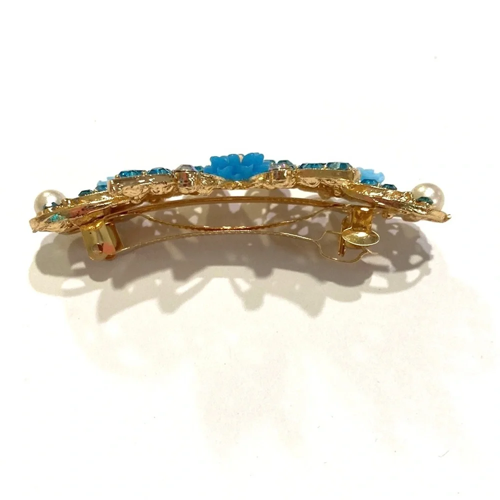 Hair Clip Barrette Butterfly Gold Tone Blue Rhinestones Flowers - Picture 2 of 4